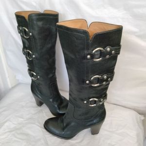 Frye Fiona 3 Strap Black Leather High Heel Womens  riding Boots Size 6M